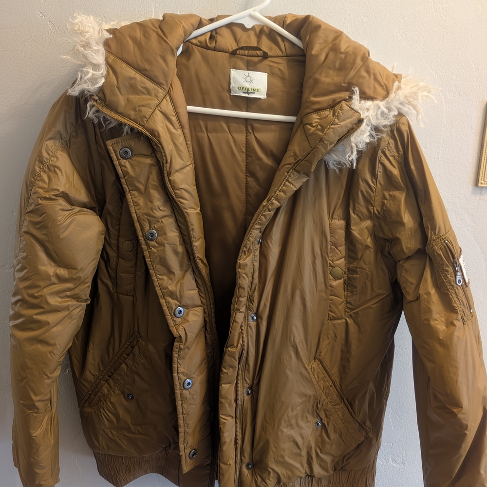 Brown Hooded Puffer Jacket with Faux Fur Trim